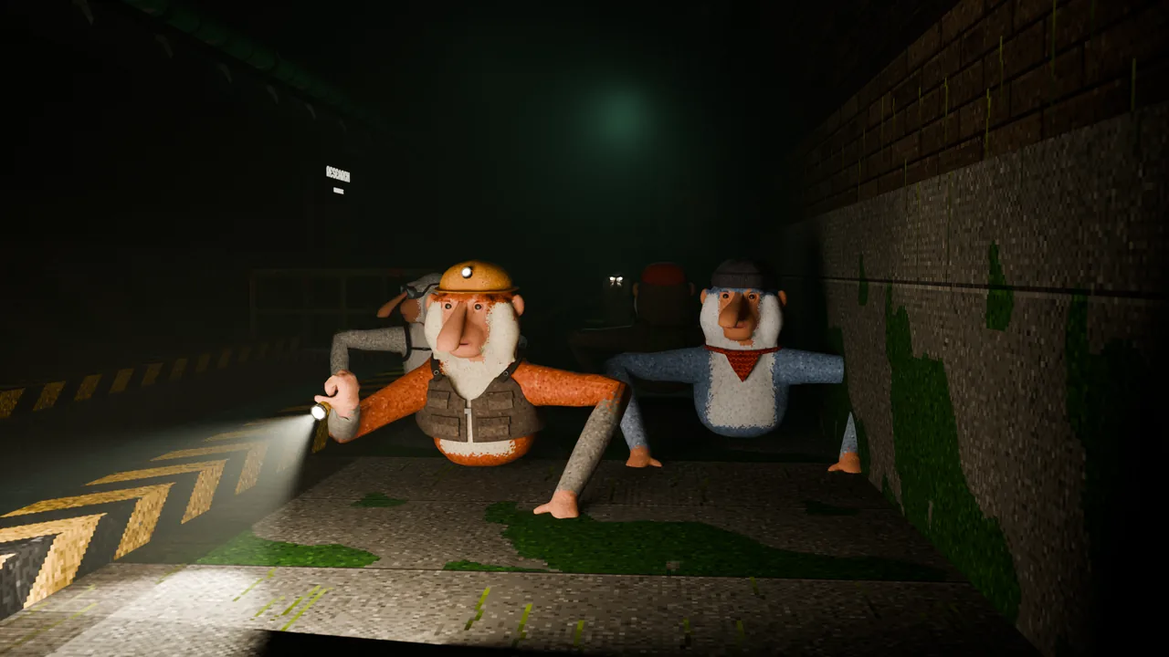 Four monkeys wearing a hard hat, goggles and a beanie push down a dark sewer channel, one holding a flashlight
