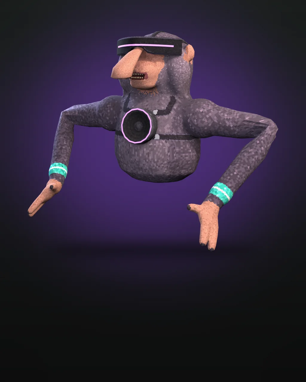 The DJ, a monster with a glowing visor and a speaker set in its chest