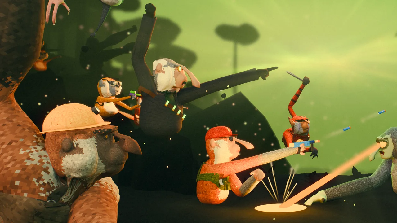 From the key art: a Brute in a hard hat, a Support, the Contractor, a monkey firing a toy dart gun and a Climber with a machete charge the monsters