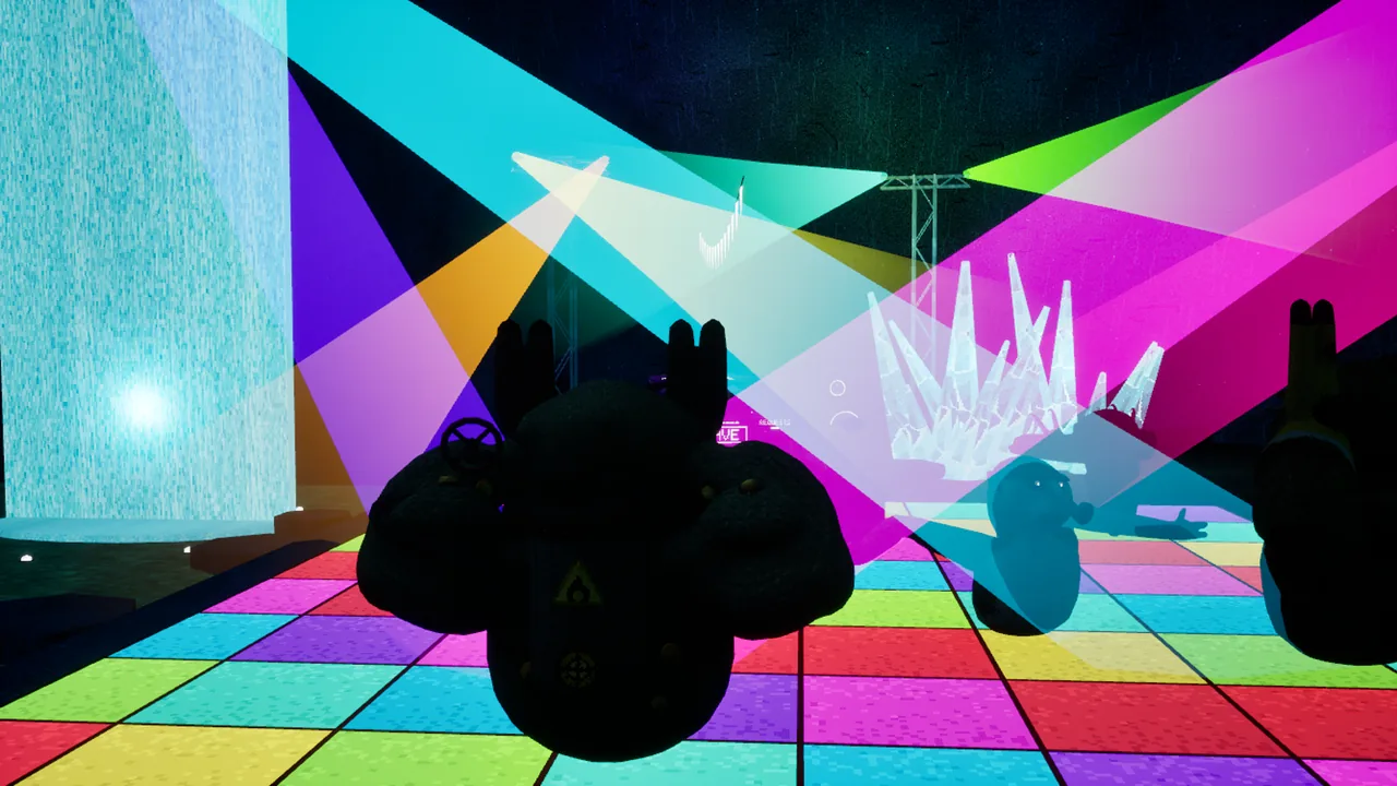 In the Rave Cave: monsters dance on a glowing floor under coloured lights beside the waterfall
