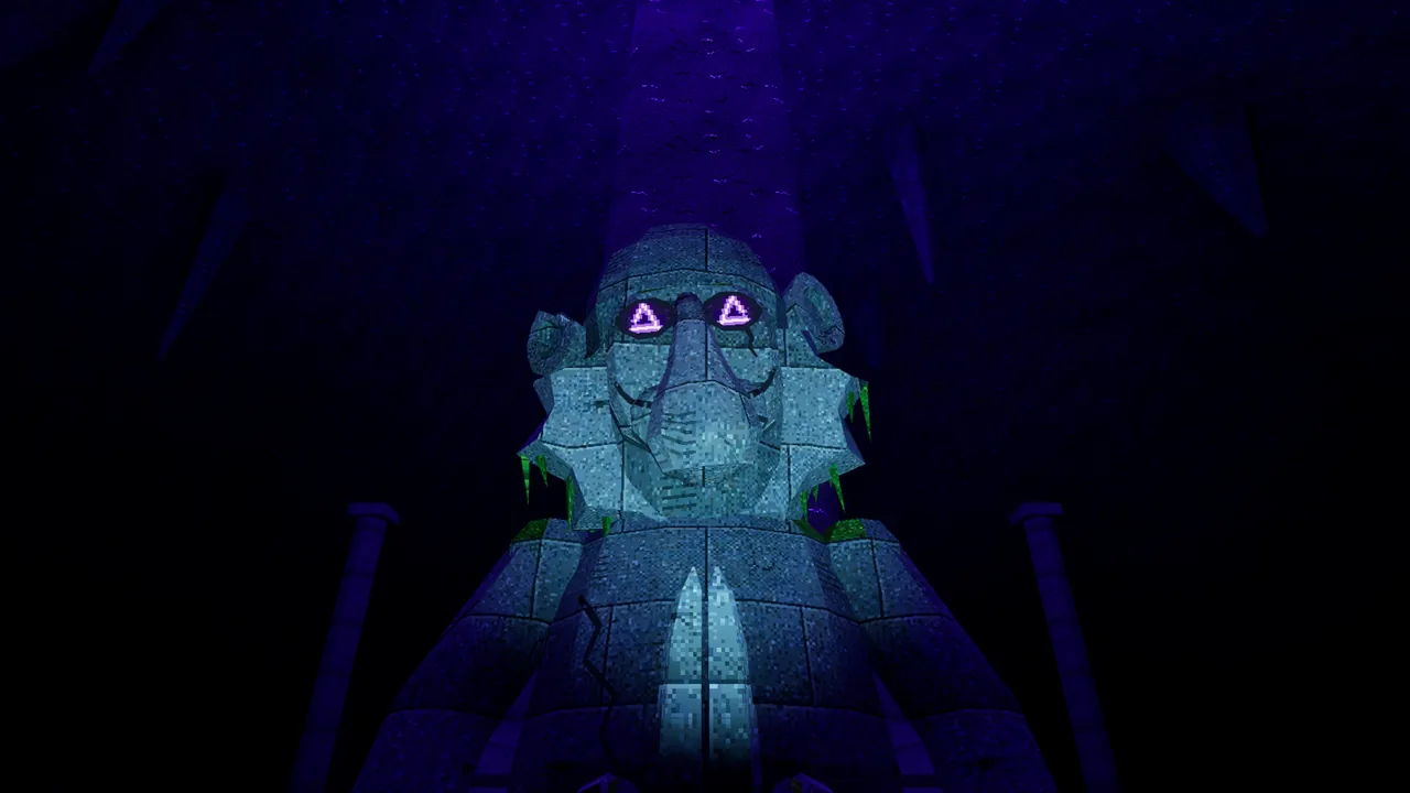 The Watcher's stone idol in the Depths, its eyes glowing violet