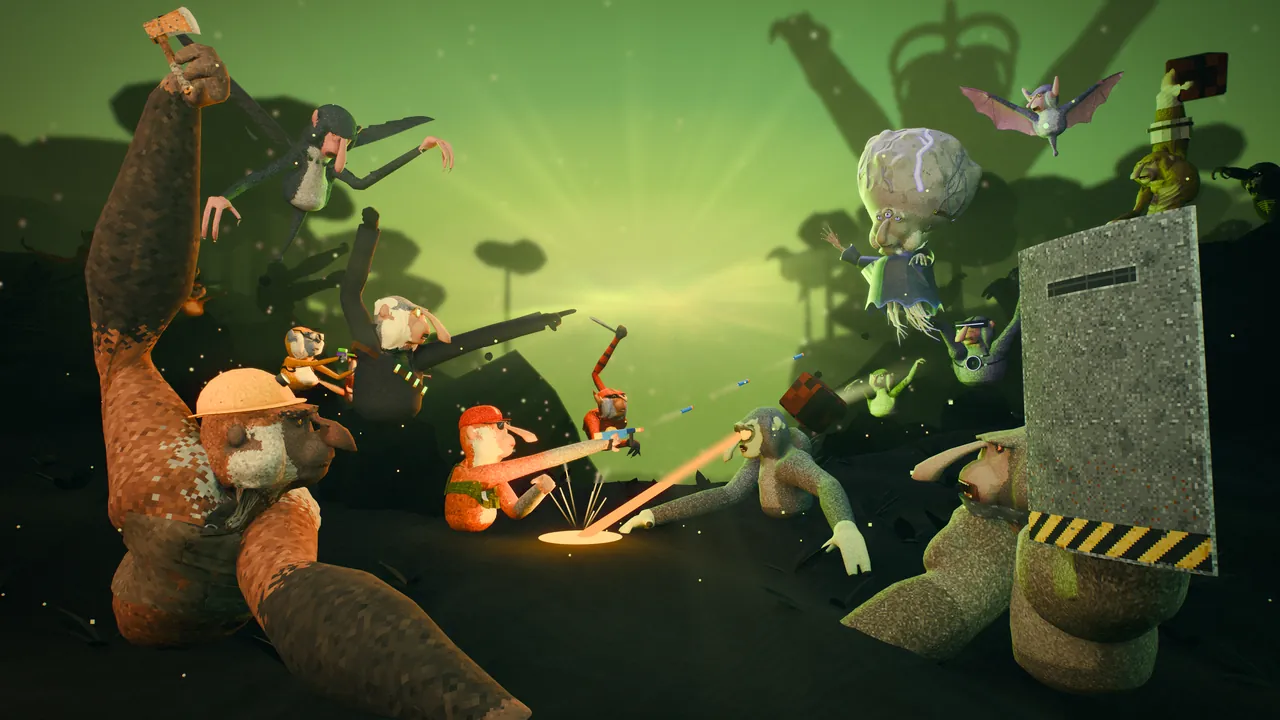 Curiosity Kills key art: monkeys charge a horde of monsters under a toxic green sky, a titan looming in the haze